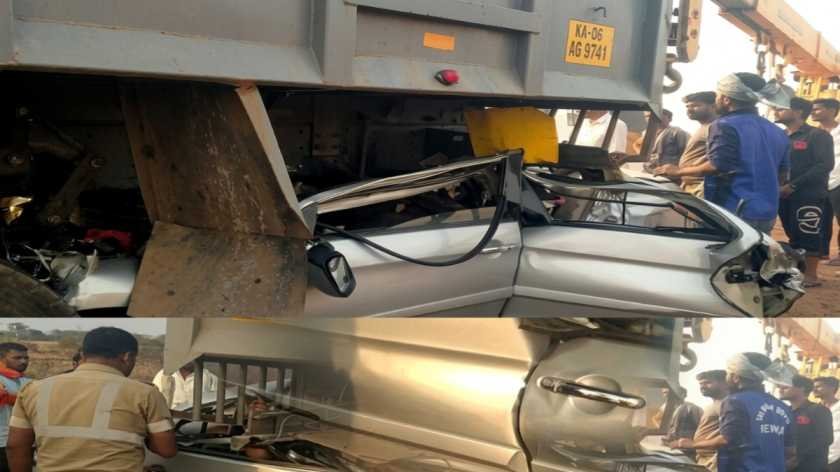 ಚಿತ್ರದುರ್ಗದ ಚಳ್ಳಕೆರೆ ಬಳಿ ಲಾರಿಗೆ ಡಿಕ್ಕಿ ಹೊಡೆದ ಪೊಲೀಸ್ ಕಾರು ಅಪಘಾತದ ದೃಶ್ಯ - ರಾಷ್ಟ್ರೀಯ ಹೆದ್ದಾರಿ 150ಎ