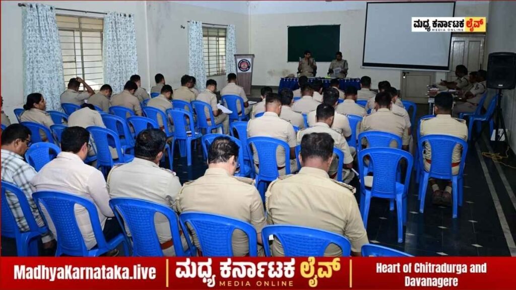 SP Shekar HT presiding over the district-level crime review meeting at Davanagere Police Office.