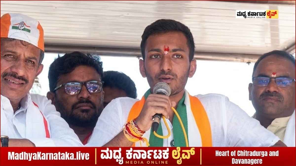 Samarth Shamanur addressing people during Davanagere South election campaign
