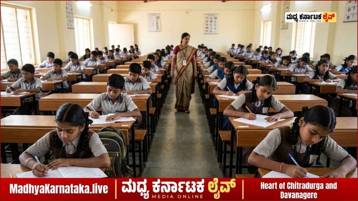 ಚಿತ್ರದುರ್ಗದ ಸರ್ಕಾರಿ ಬಾಲಕಿಯರ ಪದವಿ ಪೂರ್ವ ಕಾಲೇಜಿನಲ್ಲಿ ಪರೀಕ್ಷೆ ಬರೆಯುತ್ತಿರುವ ವಿದ್ಯಾರ್ಥಿಗಳು.